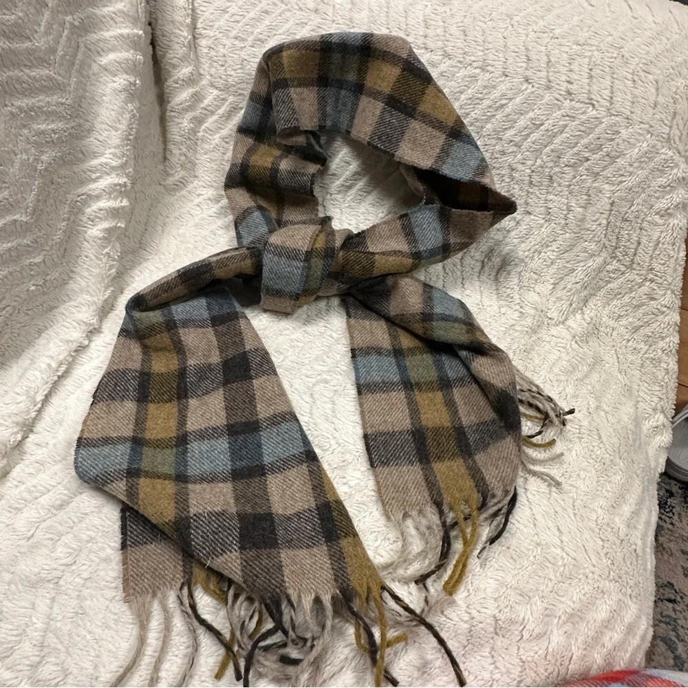 Bronte by Moon Lambswool Plaid Scarf in Blue, Brown, and Tan, Great Britain